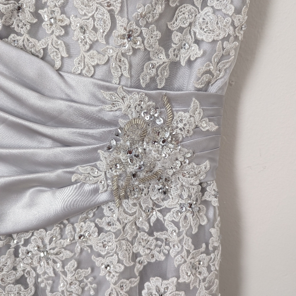 NWT MGNY Madeline Gardner Silver Sequin Floral Lace Satin Tulle Embellished Gown - Picture 3 of 7